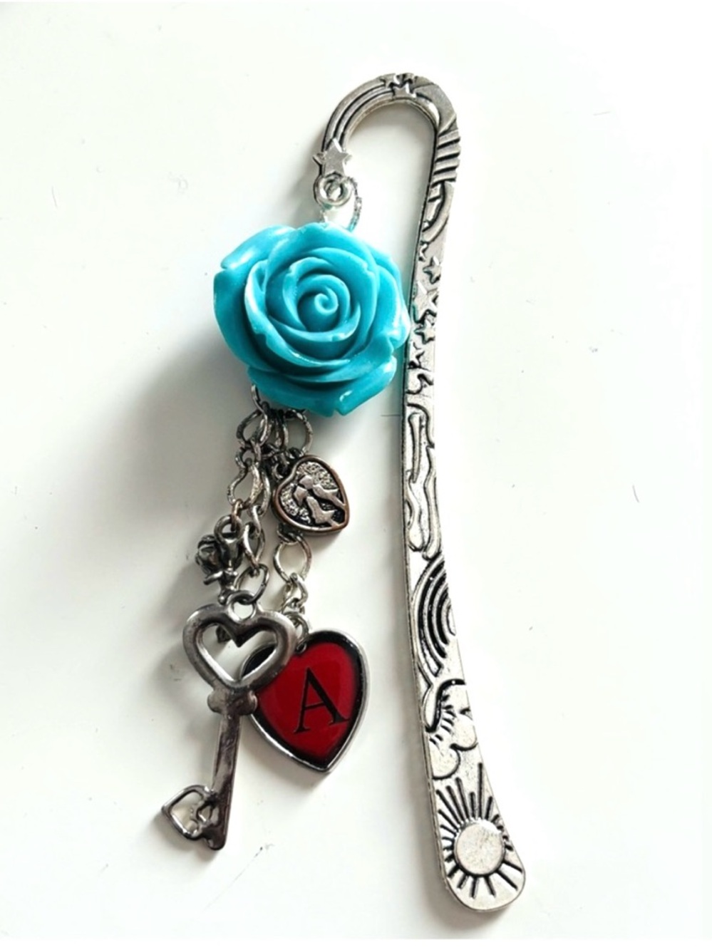 Handmade by MJ Silver Bookmark with Blue Rose and Red Heart Charms